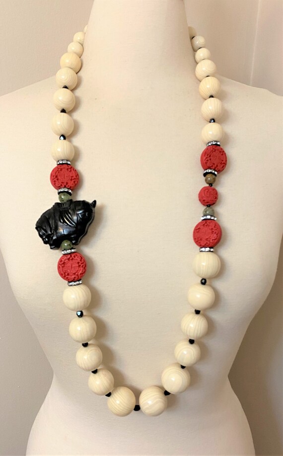 Cream Color Acrylic Beads, Cinnabar & Rhinestones Horse Long Necklace