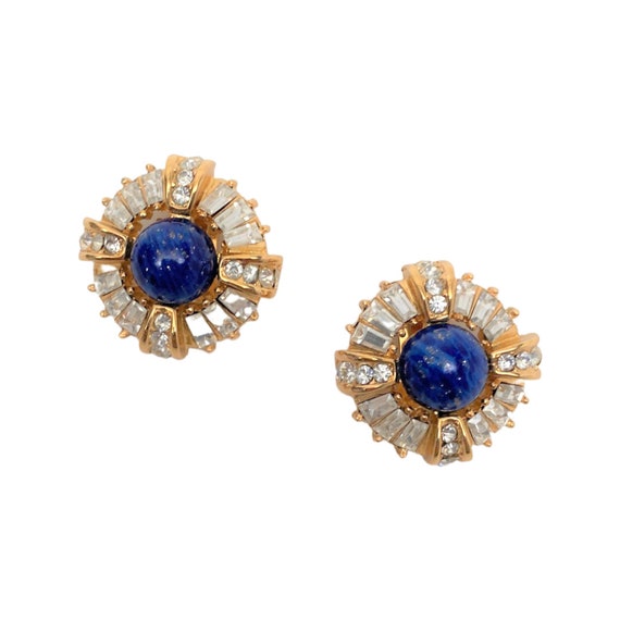 Vintage Rhinestones, Crystal Baguettes & Lapis Cabochon Christian Dior Earrings
