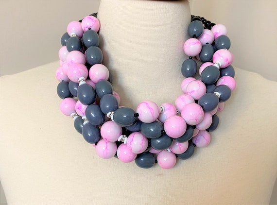 Multi Strand Gray & Pink Acrylic Beads, Rhinestone Necklace Angela Caputi Style