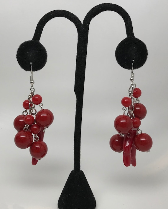 Stunning Resin Red Beads Dangle Long Pierced Earr… - image 1