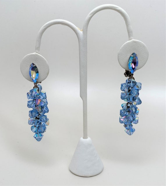 Gorgeous Lewis Segal Blue Crystal Aurora Borealis Cha Cha Dangle Clip On Earrings