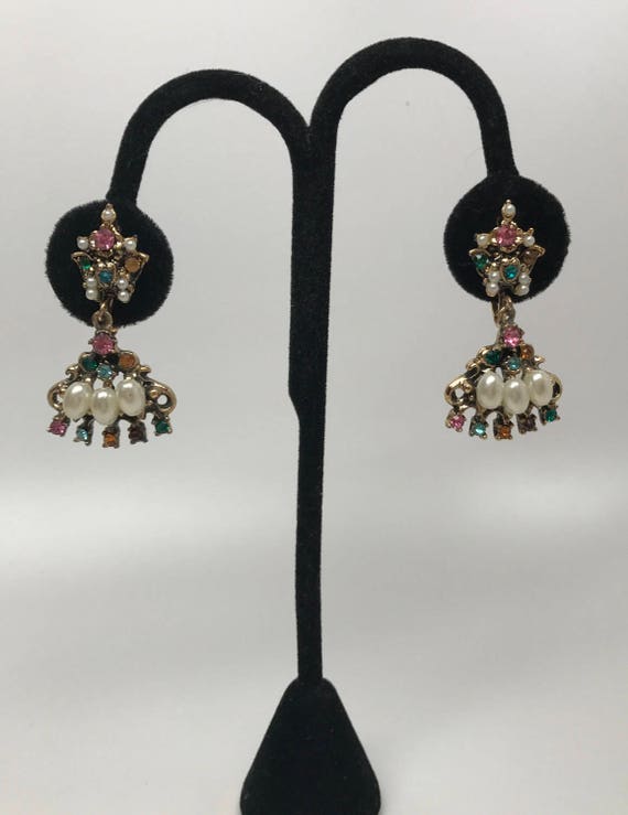 Vintage Antique Gold Tone & Faux Pearl Rhinestone Dangle Earrings
