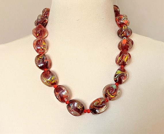 Vintage Murano Red Clear Glass Beads With Gold Dust Choker Necklace