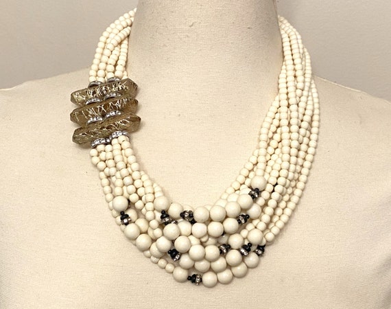 Angela Caputi Multi Strand Cream, Black Color Resin Beads & Gold Lucite Necklace