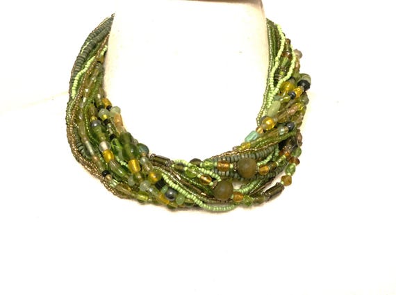 Vintage Green Glass Toursad Multi Strand Necklace