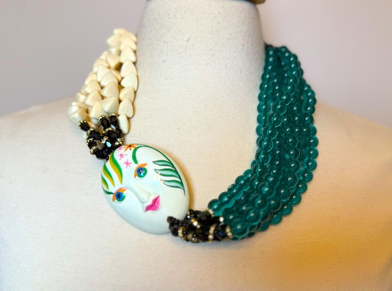 Art Deco Style Enamel Face Mask Emerald Green Acrylic Beads Necklace