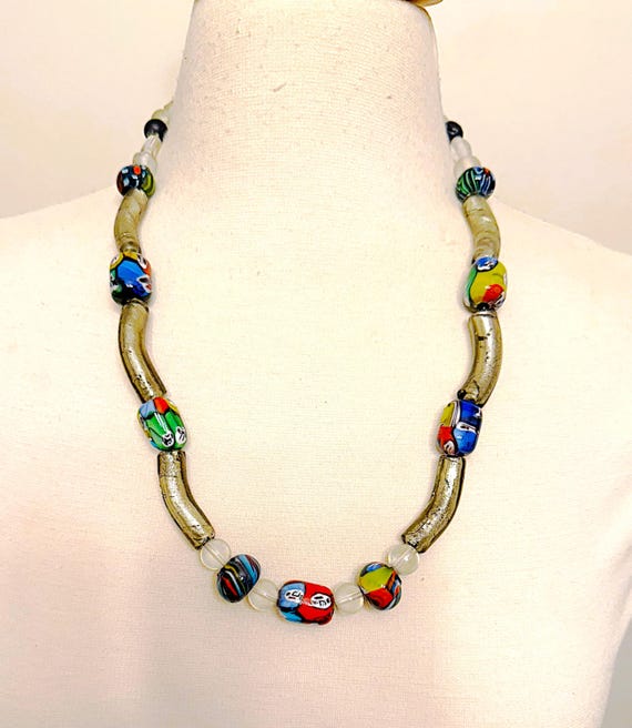 Vintage Venetian Silver Foil & Millefiori Art glass Statement Necklace