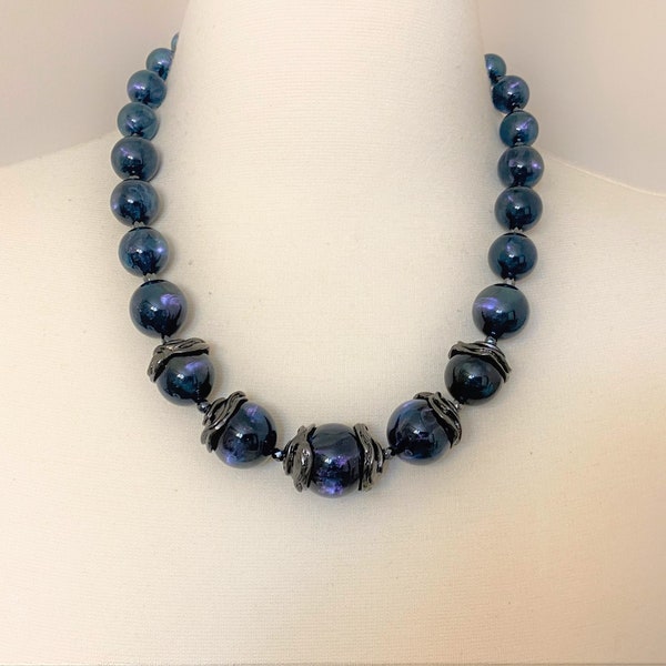 Gorgeous Pono Italy Blue & Gunmetal Acrylic Necklace