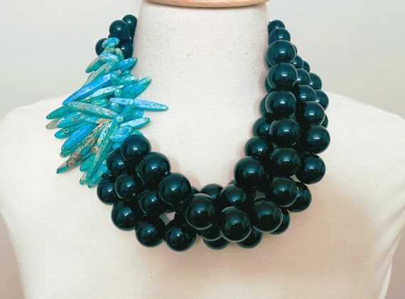 Black Resin Beads & Natural Stones in Turquoise Color Multi Strand Necklace