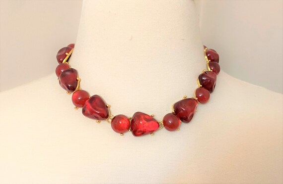 Exquisite Red Resin Cabochons, Satin Gold Plated Signed Necklace