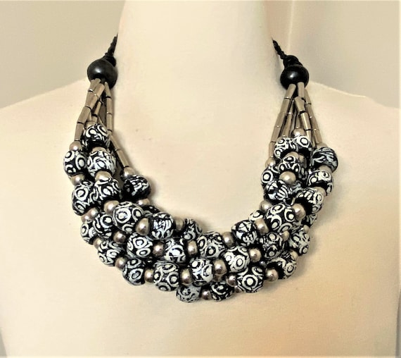 Vintage Multi Strands Silver Tone, Black & White Glass Beads Necklace