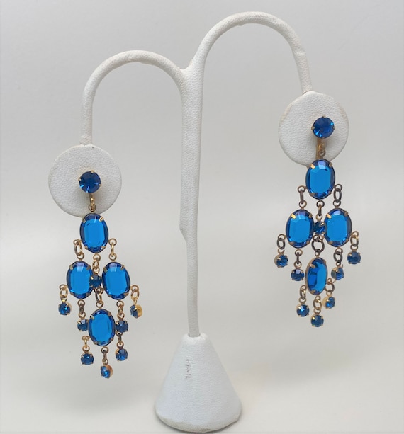 Vintage Gold Tone Blue Bezels & Rhinestones Clip on Earrings