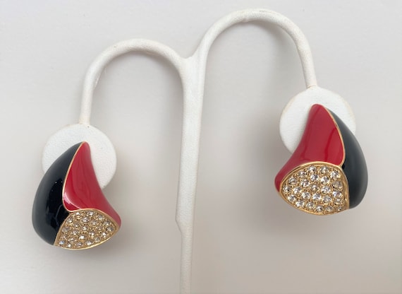 Vintage Red & Black Enamel, Rhinestones Clip On Earrings