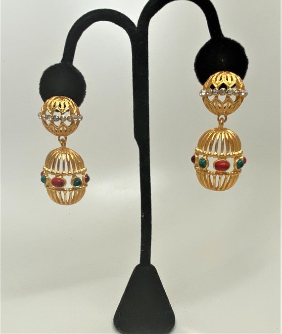 Gold Plated Red, Green Glass Cabochon & Rhinestone Pierced Dangle Earrings