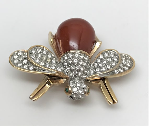 Vintage Bug Bumble Bee Carnelian & Crystal Rhinestones Pin Brooch