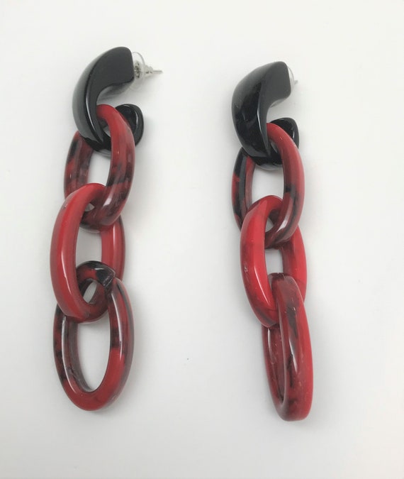 Gorgeous Red & Black Chain Dangle Pierced Earrings - image 4