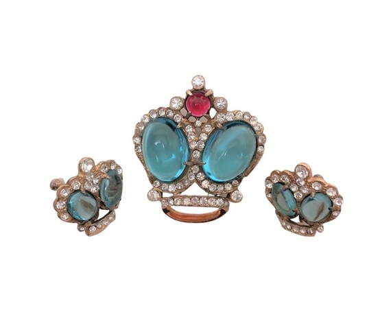 Vintage 1940's Sterling Silver Blue Glass Cabochon Crown Brooch and Earrings Set