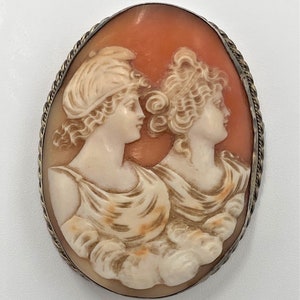 Antique Exceptional Details Large Victorian Sterling Cameo Two Ladies Brooch image 1