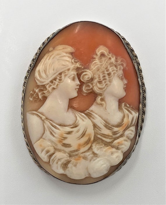Antique Exceptional Details Large Victorian Sterling Cameo Two Ladies Brooch