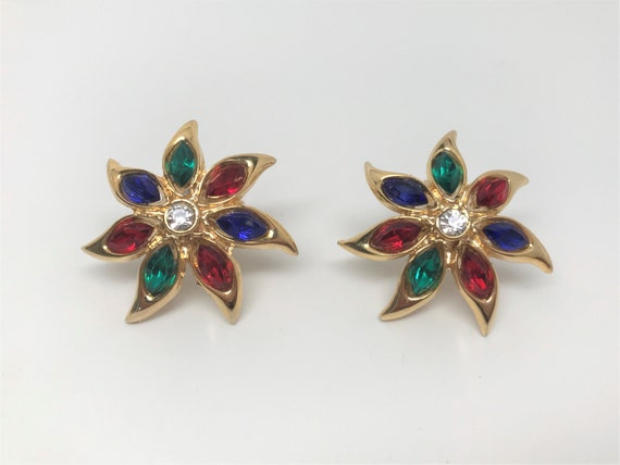Beautiful Vintage Designer Sunburst Rhinestone Clip On Earrings