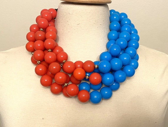 Gorgeous Modernistic Multi Strand Blue & Red Resin Necklace Rhinestones Rondelle