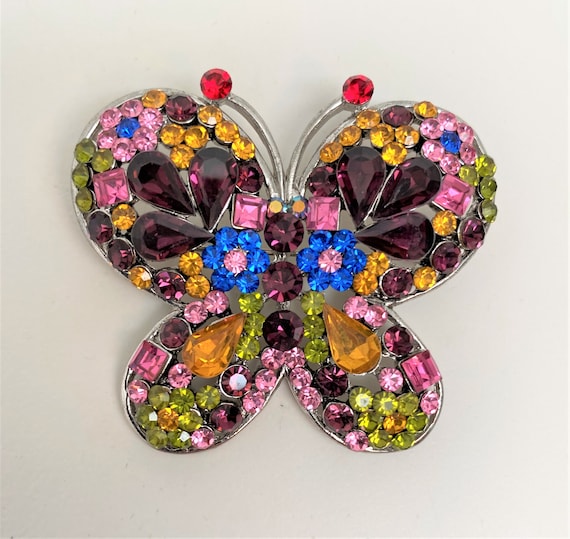 Vintage Multi Color Rhinestones Butterfly Pin Brooch