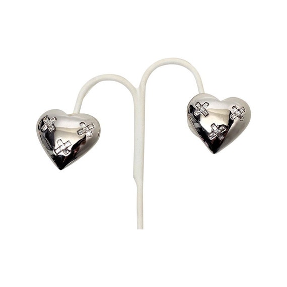 Vintage Andre Courreges Polished Silver Tone W Rhinestones Heart Clip Earrings