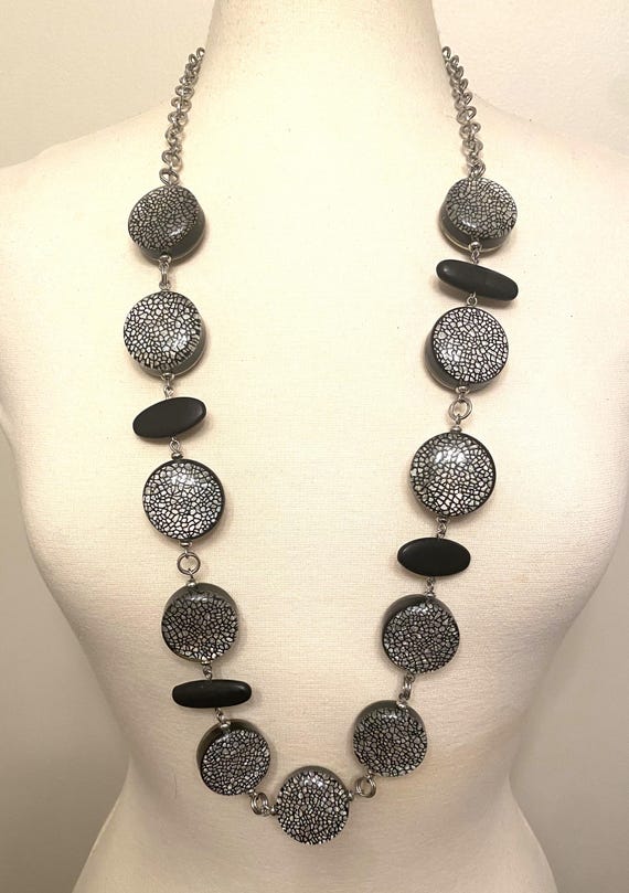 Vintage Silver Tone, Mosaic Acrylic & Wood Beads Long Necklace