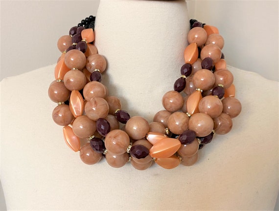 Multi Strand Brown & Burgundy Resin With Rhinestone Necklace Angela Caputi Style