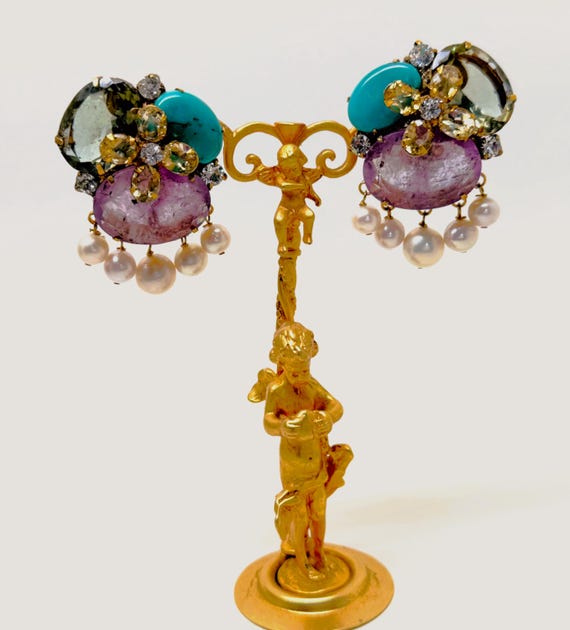 Iradj Moini Amethyst, Turquoise, Pearl & Citrine Flower Clip On Earrings