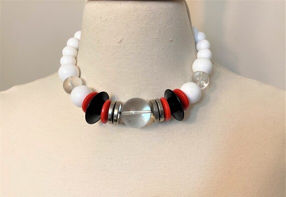 Vintage Black, Red, Clear & White Resin Beads Choker Necklace
