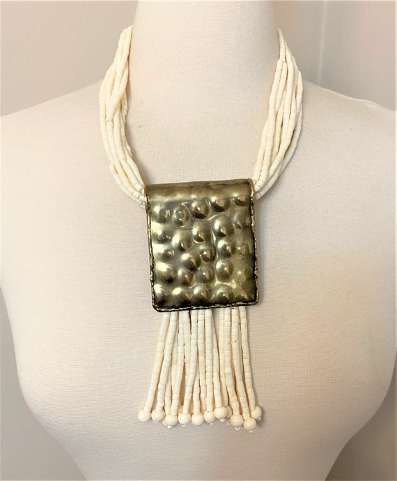 Stunning Vintage Multi Strand Bones Beads & Brass Fringe Necklace