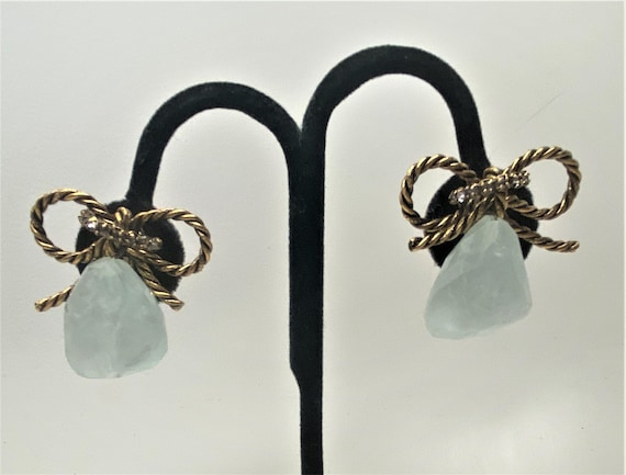 Spectacular Iradj Moini Brass Bow & Aquamarine Stone Clip On Earrings