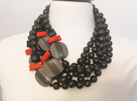 Angela Caputi Multi Strand Brown, Gray & Coral Acrylic Beads Necklace