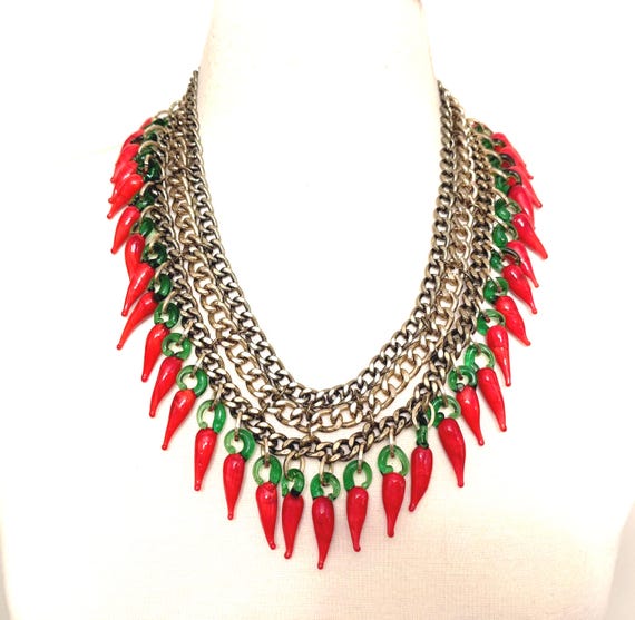 Vintage Chains & Murano Glass Red Chili Pepper Statement Necklace