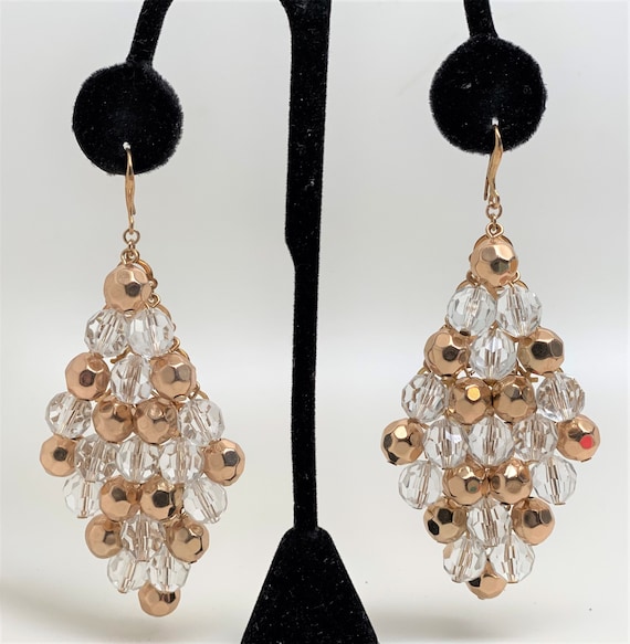 Stunning Gold Tone & Clear Beads Large Chandelier Earrings