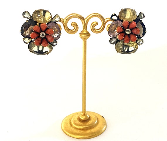 Spectacular Iradj Moini Coral, Citrine, Amethyst & Citrine Clip On Earrings