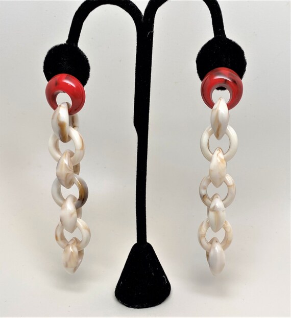Gorgeous Red & Cream Color Acrylic Chain Long Pierced… - Gem