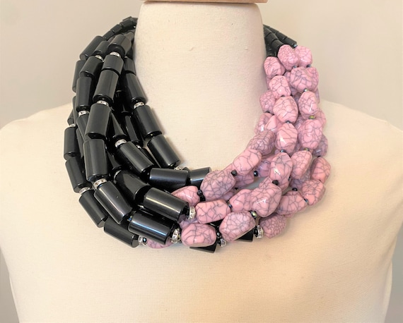 Fabulous Couture Black Tubular Acrylic Beads & Pink Resin Multi Strand Necklace