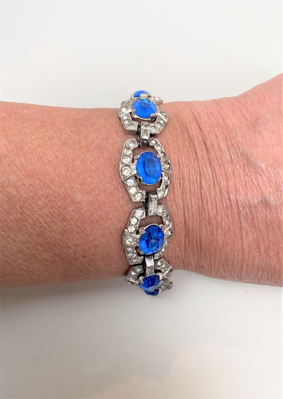 Vintage Art Deco Silver Tone, Clear Rhinestone Sapphire Blue Cabochons Bracelet