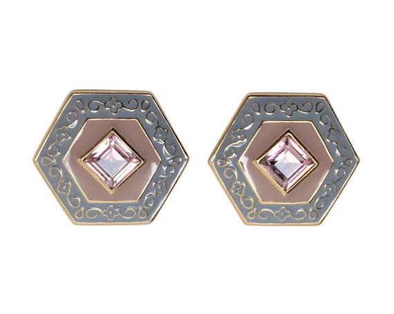 Vintage Guy Laroche Pastel Enamel & Pink Rose Crystal Clip on Earrings