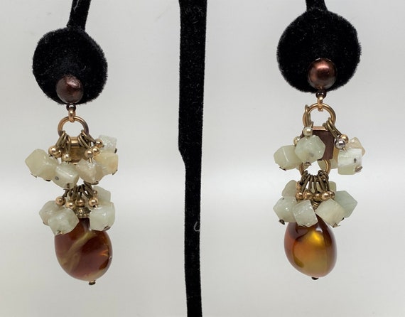 Vintage Semi Precious Stones & Resin Dangle Pierced Earrings