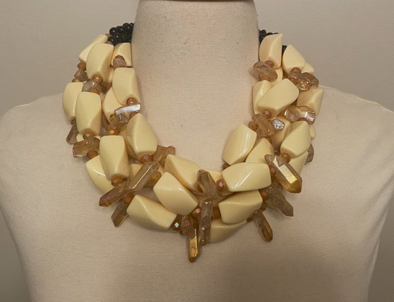 Stunning Resin Cream Color Twisted Long Beads & Faux Crystal Necklace