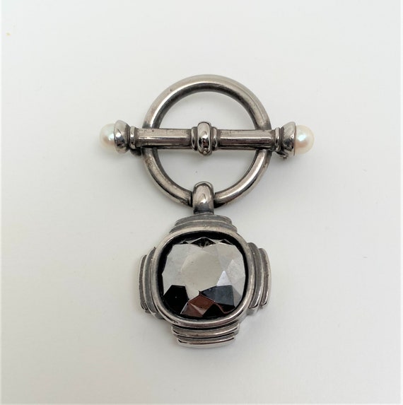 Vintage Givenchy Logo Silver Tone faux Pearl Cabochon Brooch Pin