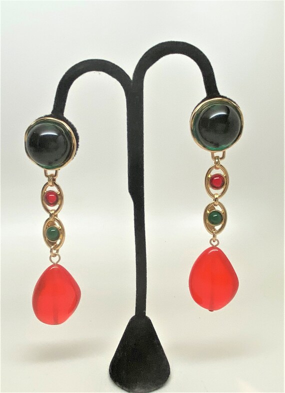 Vibrant Green, Red & Orange Glass Cabochon Gold Plated Clip on Long Earrings