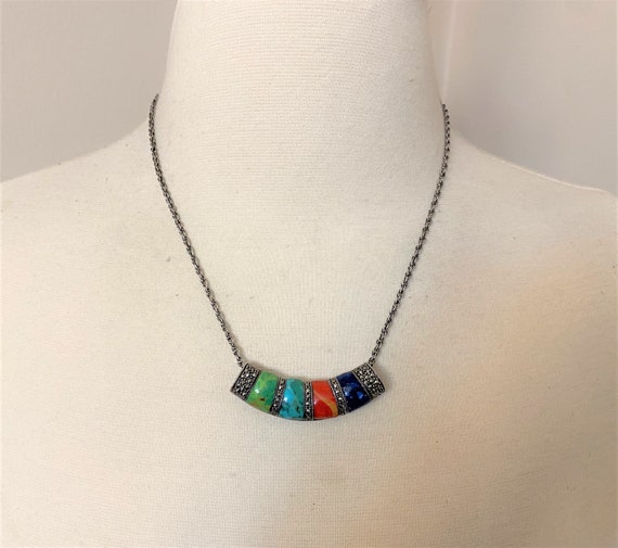 Vintage Sterling Silver Semi Precious Stones & Marcasite Art Deco Necklace