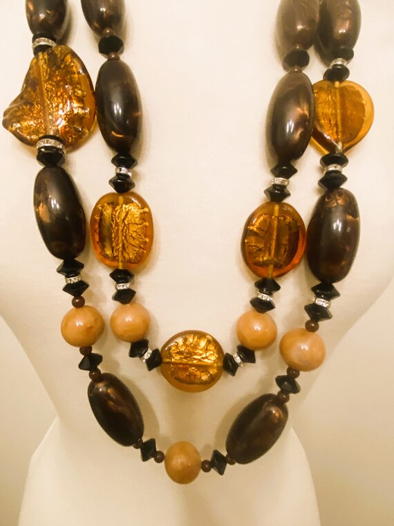Brown Acrylic & Gold, Bronze Foil Art Glass, Rhinestone Rondelles Necklace