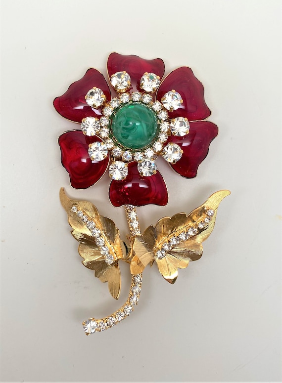 Chris Crouch's Moans Couture Crystal, Poured Glass Gripoix Red Flower Pin Brooch