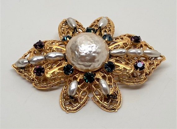 Vintage Unsigned Miriam Haskell Filigree Faux Pea… - image 3