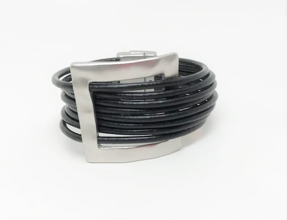 Stunning Large Black Faux Leather & Satin Silver Tone Bracelet